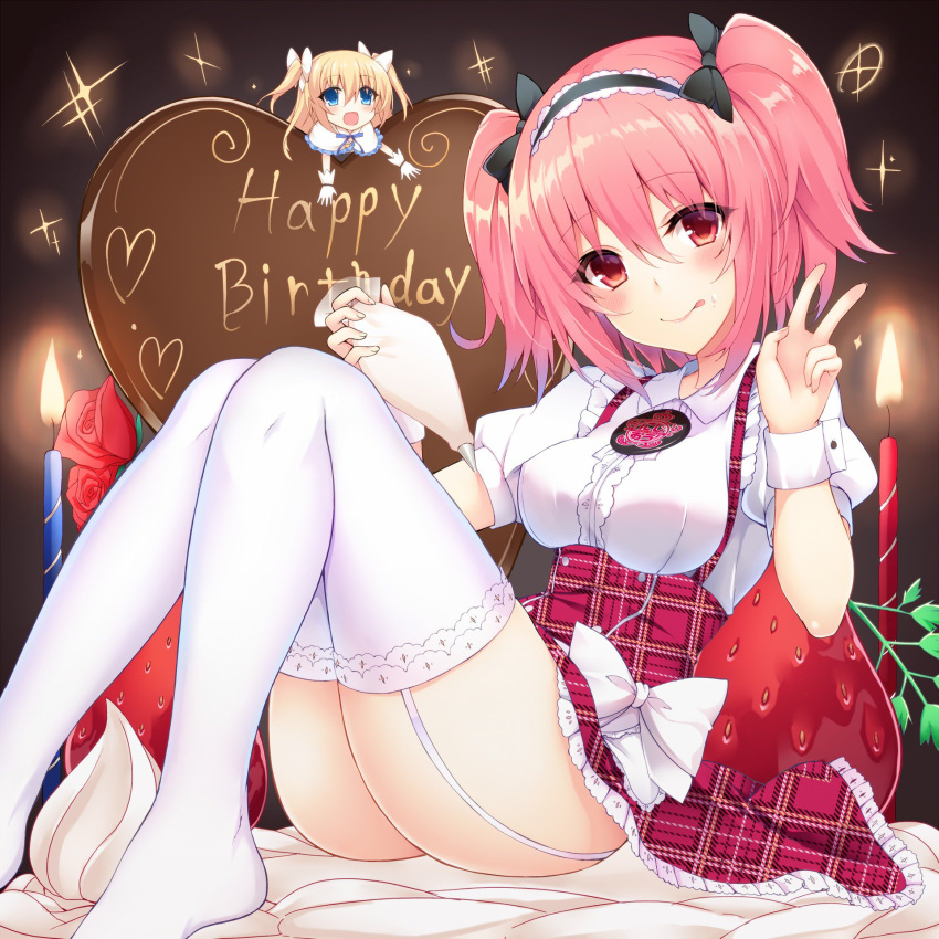 2girls :d bangs black_hairband black_ribbon blush bow cake candle chocolate chocolate_heart collared_shirt commentary_request cream cream_on_face english flower food food_on_face garter_straps hair_bow hair_ribbon hairband happy_birthday hasegawa_urumi headdress heart high-waist_skirt highres holding kurifuto lace lace-trimmed_skirt leaning_back looking_at_viewer mascot minigirl miniskirt multiple_girls open_mouth original oversized_object pastry_bag pink_eyes pink_hair plaid plaid_skirt puffy_short_sleeves puffy_sleeves red_skirt ribbon rose shirt short_hair short_sleeves sitting skirt smile sparkle strawberry_shortcake suspender_skirt suspenders thigh-highs thighs tongue tongue_out two_side_up v waitress white_bow white_legwear white_ribbon wrist_cuffs