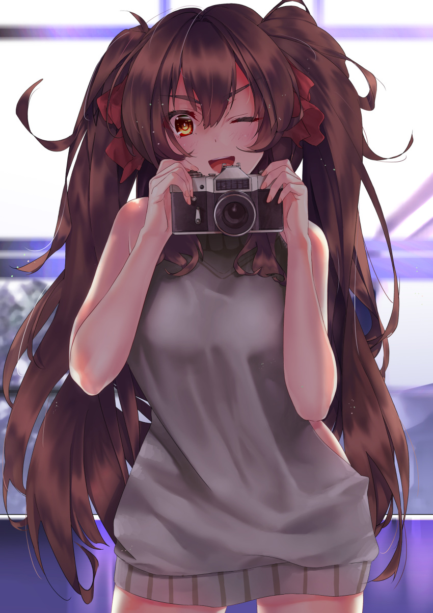 1girl ;d absurdres brown_hair camera eyebrows eyebrows_visible_through_hair girls_frontline hair_between_eyes highres long_hair looking_at_viewer meme_attire messy_hair nishiro_ryoujin one_eye_closed open_mouth qbz-97_(girls_frontline) smile solo sweater sweater_vest twintails virgin_killer_sweater yellow_eyes