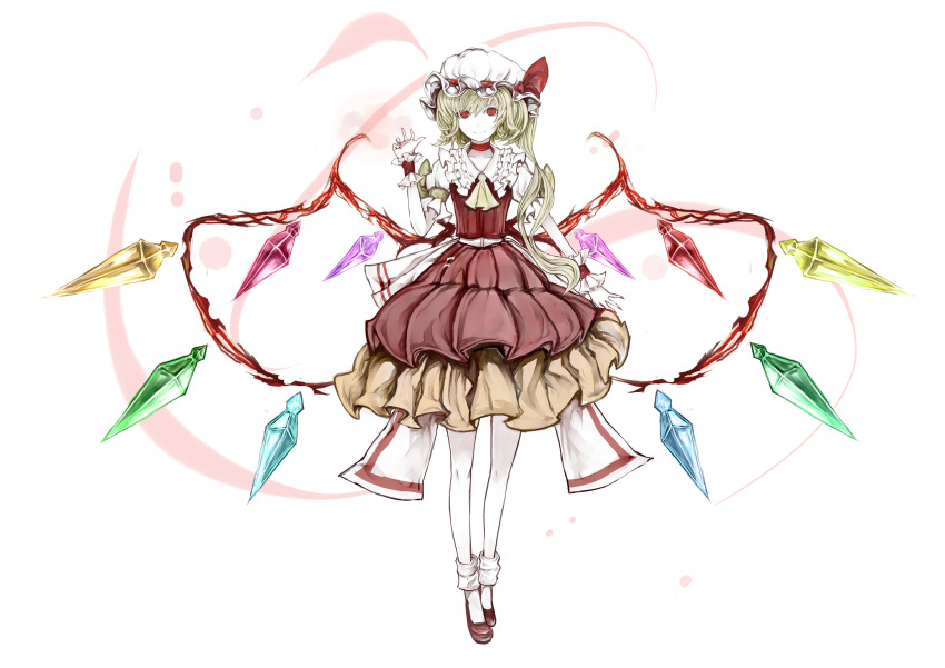 1girl absurdres ascot blonde_hair bobby_socks choker closed_mouth dress flandre_scarlet frilled_dress frills full_body hat hat_ribbon highres layered_dress looking_at_viewer mob_cap pale_skin puffy_short_sleeves puffy_sleeves red_dress red_eyes red_ribbon red_shoes ribbon shoes short_sleeves side_ponytail smile socks solo touhou white_legwear wrist_cuffs yutapon