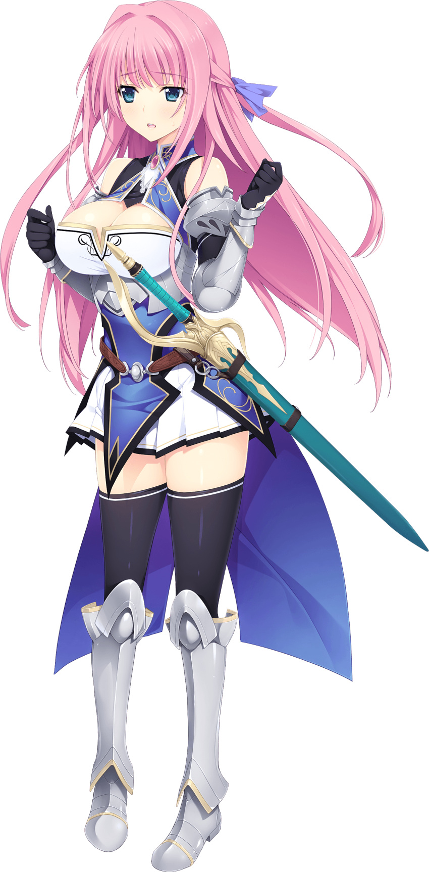 1girl absurdres armor armored_boots bare_shoulders black_gloves black_legwear blue_eyes boots breasts cleavage full_body gauntlets gloves greaves hair_ribbon half_updo highres iizuki_tasuku long_hair official_art open_mouth pink_hair pleated_skirt ribbon sefi_raiado seikishi_melty_lovers sheath sheathed skirt solo standing sword thigh-highs transparent_background very_long_hair weapon