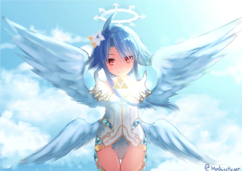 1girl ahoge angel angel_wings blanc blue_hair blue_sky choujigen_game_neptune clouds day female four_goddesses_online:_cyber_dimension_neptune looking_at_viewer mashiroheart neptune_(series) outdoors power_symbol red_eyes short_hair_with_long_locks sidelocks sky solo symbol-shaped_pupils white_heart wings