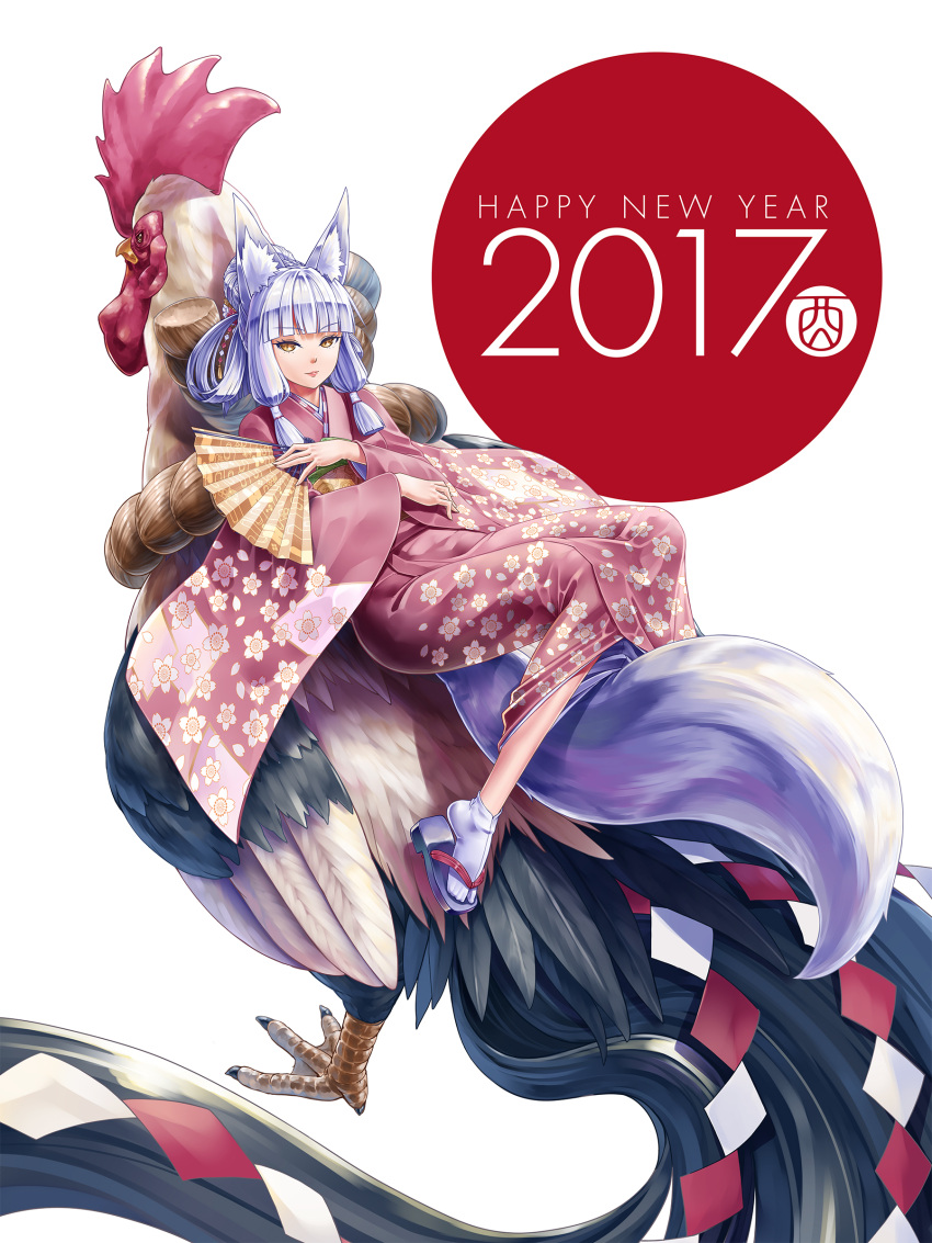 1girl 2017 absurdres bird chicken fan fox_girl fox_tail happy_new_year highres japanese_clothes kazuki_seihou kimono new_year original revision rooster short_hair silver_hair slit_pupils solo tail translated year_of_the_rooster yellow_eyes