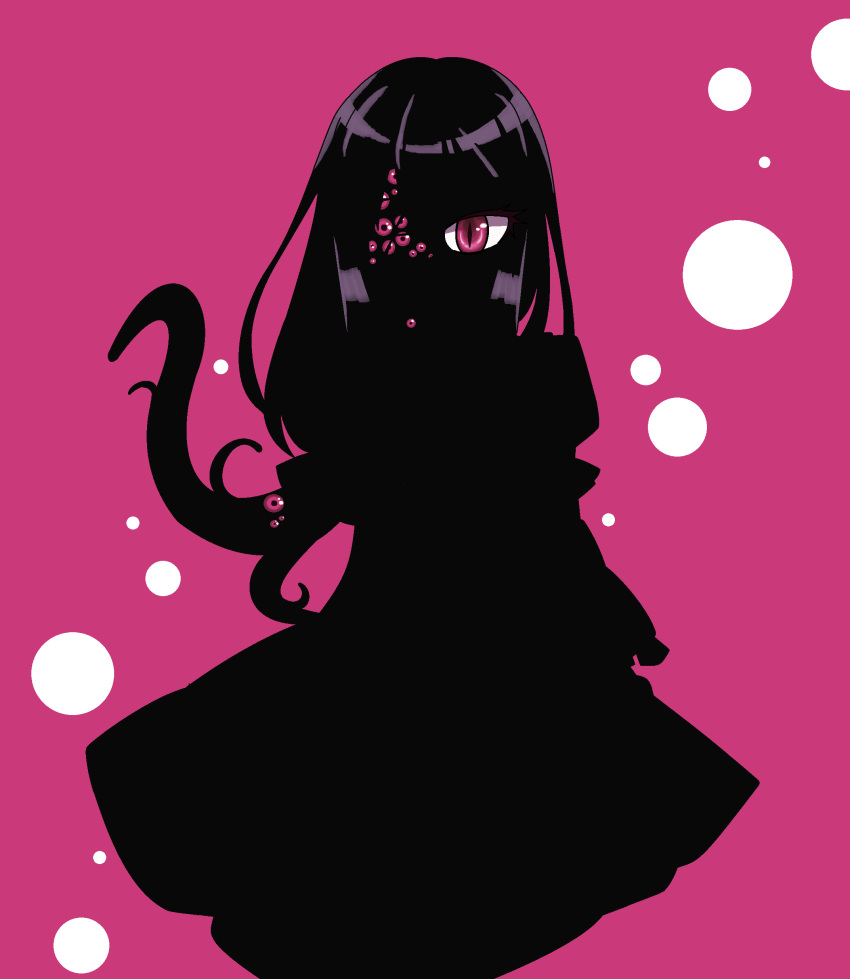 1girl absurdres ageha_(ray-k) borrowed_character dress extra_eyes highres houshin_usagi long_hair looking_at_viewer multiple_pupils original pink_background red_eyes shiny shiny_hair silhouette simple_background slit_pupils solo tentacle