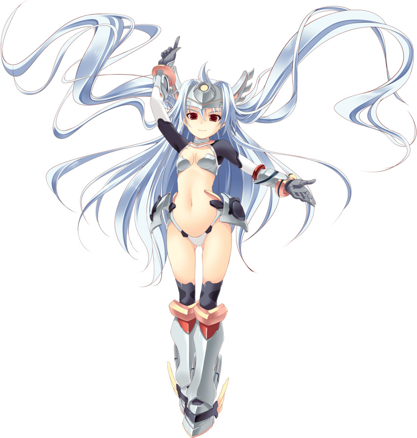 1girl armor armored_boots boots breasts chobipero floating_hair full_body gloves headgear highres light_blue_hair long_hair navel red_eyes shin_shirogane_no_soleil_reanswer small_breasts smile sol_valkyrie solo transparent_background very_long_hair