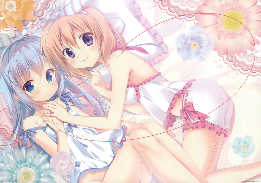 2girls absurdres ass babydoll bangs bare_shoulders bed_sheet blue_eyes blue_hair blush breasts brown_hair chemise closed_mouth collaboration eyebrows_visible_through_hair fingernails flower frilled_pillow frills gochuumon_wa_usagi_desu_ka? groin hairband hand_holding highres hoto_cocoa huge_filesize kafuu_chino korie_riko lingerie long_hair looking_at_viewer lying mitsumomo_mamu multiple_girls no_panties on_bed on_side pillow red_ribbon red_string ribbon scan short_hair smile strap_slip string striped_hairband underwear underwear_only violet_eyes
