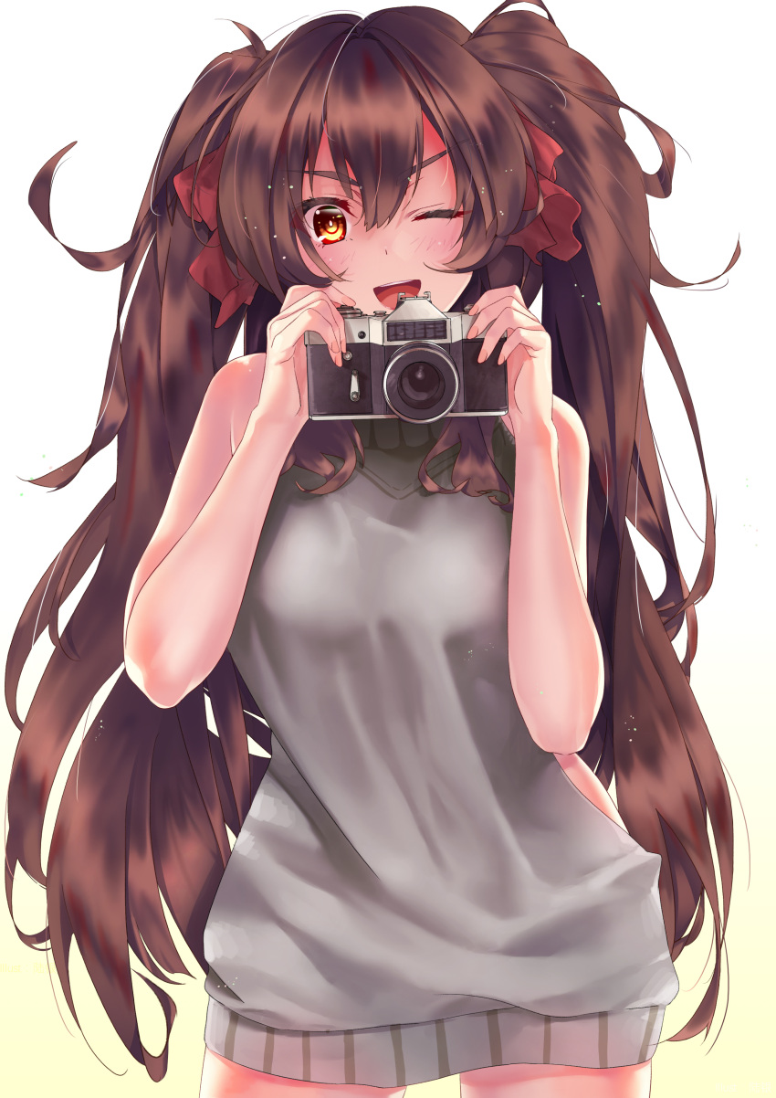 1girl ;d absurdres brown_hair camera eyebrows eyebrows_visible_through_hair girls_frontline hair_between_eyes hair_ribbon highres long_hair looking_at_viewer meme_attire messy_hair nishiro_ryoujin one_eye_closed open_mouth qbz-97_(girls_frontline) ribbon smile solo sweater sweater_vest twintails virgin_killer_sweater yellow_eyes
