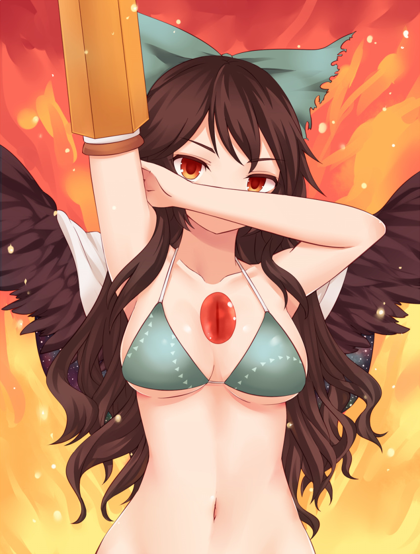 1girl adapted_costume arm_cannon arm_up armpits bare_shoulders bikini bird_wings bow breasts brown_hair cape collarbone green_bikini green_bow hair_bow highres long_hair looking_at_viewer medium_breasts miyo_(ranthath) navel red_eyes reiuji_utsuho solo spread_wings stomach swimsuit third_eye touhou upper_body wavy_hair weapon wings