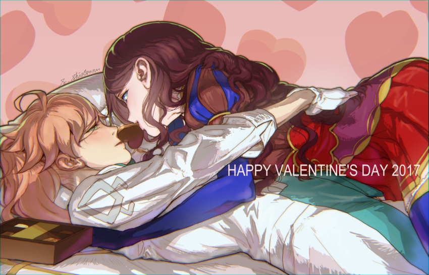 1boy 1girl 2017 ahoge artist_name blue_eyes blue_legwear blush brown_hair couple dress eye_contact fate/grand_order fate_(series) feeding food gloves green_eyes hair_pulled_back hand_on_another's_back happy_valentine heart heart_background hetero leonardo_da_vinci_(fate/grand_order) long_hair looking_at_another lying mouth_hold on_bed on_stomach orange_hair ponytail romani_akiman shinomiya_shizuru thigh-highs valentine white_gloves