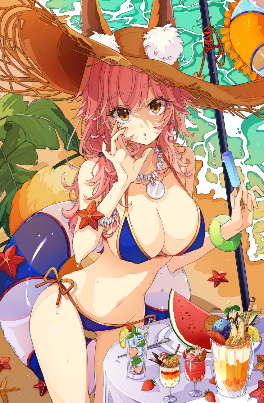 1girl :o absurdres animal_ears armlet banana bare_shoulders bikini blue_bikini breasts brown_eyes cleavage cocktail_glass collarbone cup drinking_glass drinking_straw ears_through_headwear erect_nipples eyebrows_visible_through_hair fate/grand_order fate_(series) fingernails food fox_ears fox_tail fruit groin hat highres ice ice_cream ice_cube innertube jewelry large_breasts leaf lemon long_hair looking_at_viewer navel necklace ocean osanai pink_hair pitcher plate popsicle side-tie_bikini solo spoon starfish straw_hat strawberry swimsuit table tail tamamo_(fate)_(all) tamamo_no_mae_(swimsuit_lancer)_(fate) water water_drop watermelon wet