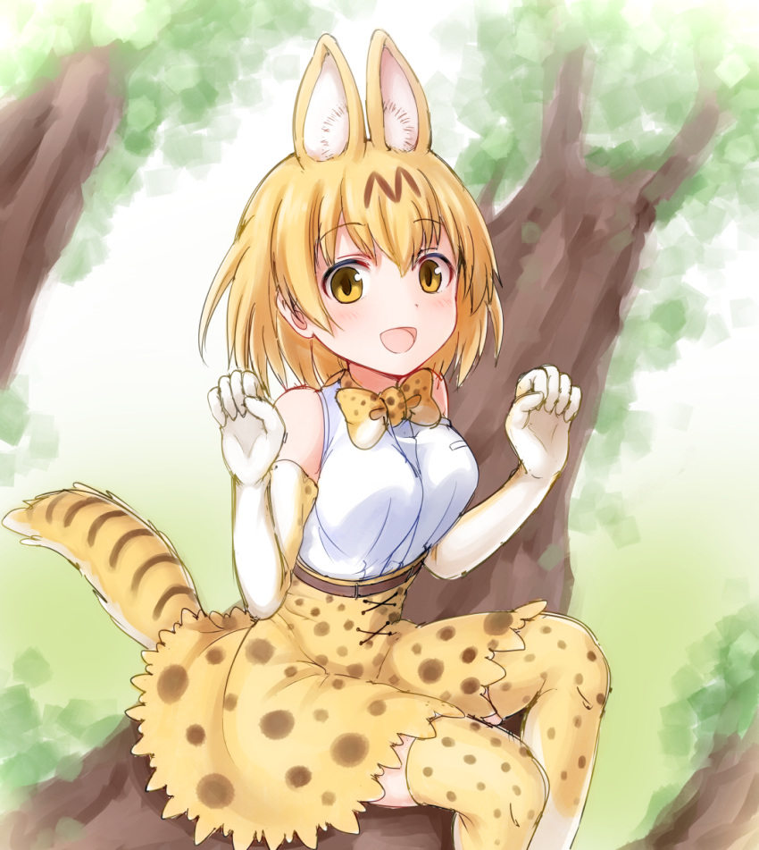 1girl animal_ears animal_print bare_shoulders blonde_hair blush bow bowtie breasts cat_ears cat_tail elbow_gloves faubynet gloves highres in_tree kemono_friends looking_at_viewer open_mouth serval_(kemono_friends) serval_ears serval_tail shirt short_hair sitting sitting_in_tree skirt sleeveless sleeveless_shirt solo tail thigh-highs tree white_shirt yellow_eyes