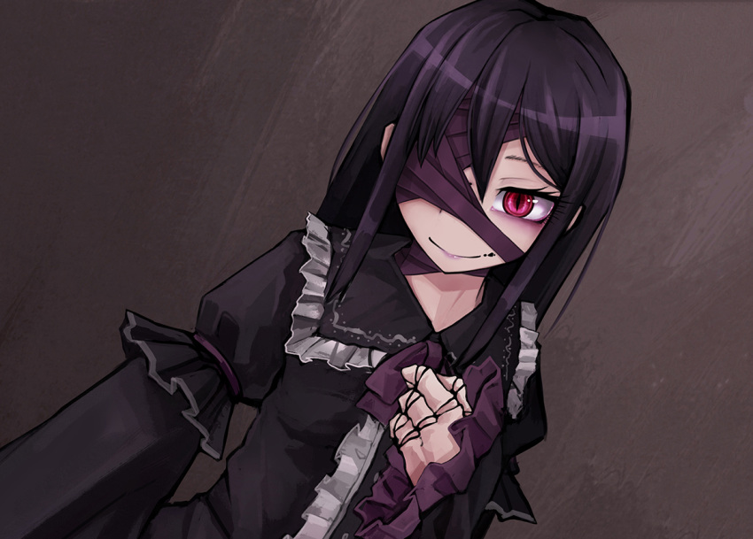 1girl ageha_(ray-k) black_dress black_hair doll_joints dress dutch_angle eyepatch frilled_dress frills hair_between_eyes hand_on_own_chest long_hair looking_at_viewer neck_ribbon original ray-k red_eyes ribbon sidelocks slit_pupils smile solo