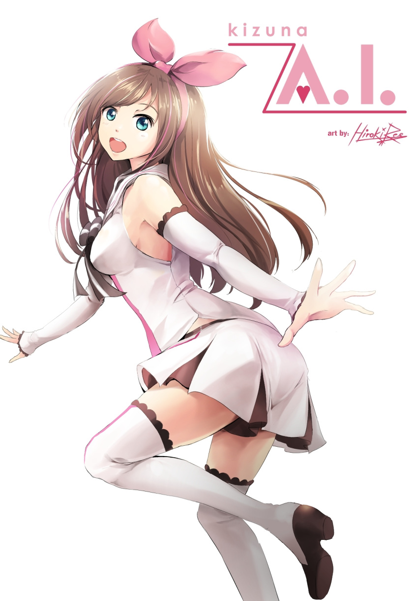 1girl :d a.i._channel artist_name bare_shoulders blue_eyes breasts brown_hair character_name heart highres hiroki_ree kizuna_ai medium_breasts open_mouth sideboob skirt smile solo thigh-highs thighs white_background white_legwear
