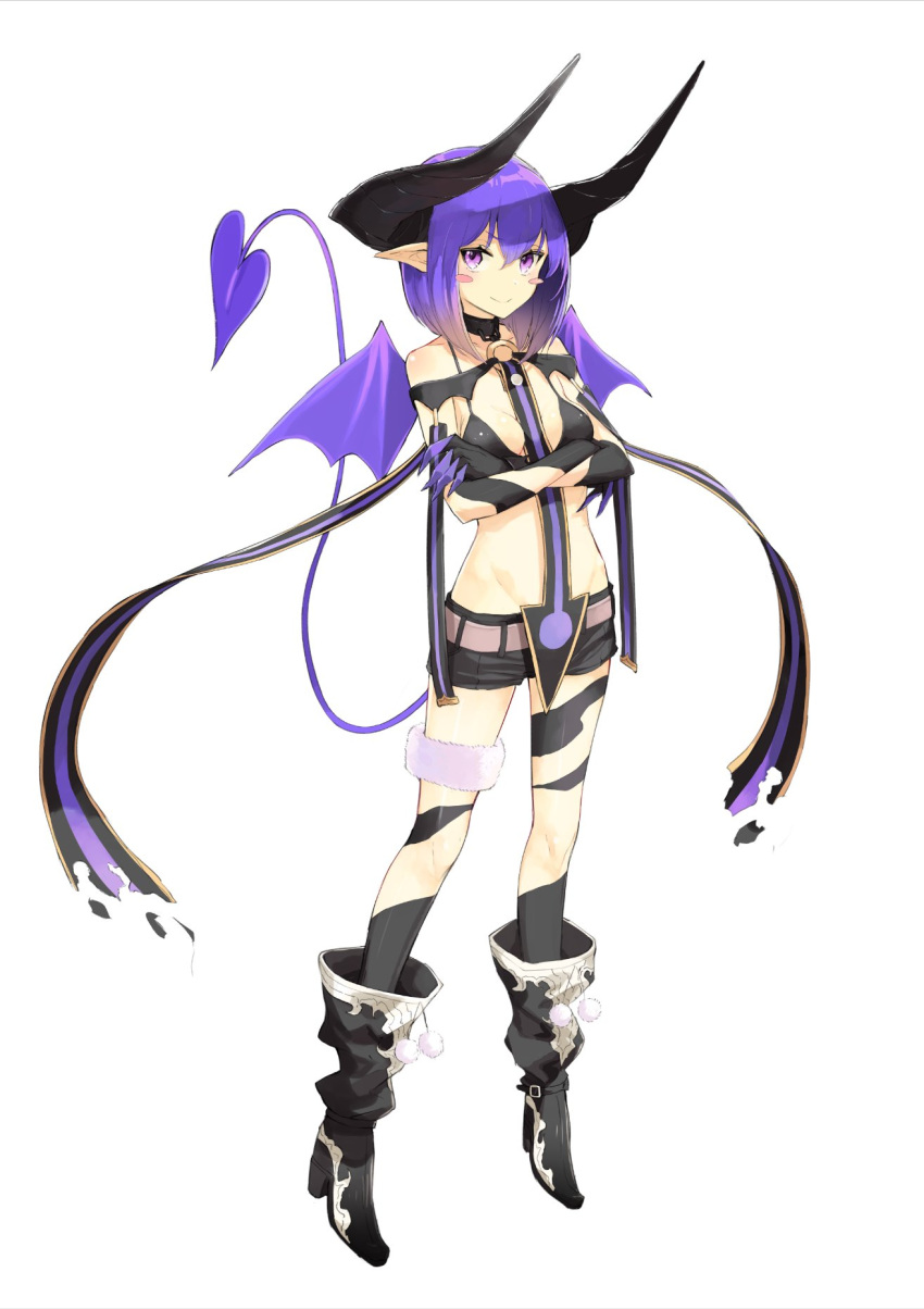 1girl blush boots demon_horns demon_tail demon_wings gloves highres horns miruto_netsuki pointy_ears purple_hair tail violet_eyes wings