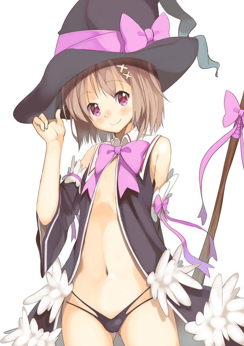 1girl absurdres bangs black_panties blush bow brown_hair closed_mouth cowboy_shot detached_sleeves eyebrows_visible_through_hair flat_chest gluteal_fold hair_ornament hand_on_headwear hand_up hat highres looking_at_viewer maechuu magician navel original panties purple_bow purple_ribbon revealing_clothes ribbon robe short_hair simple_background smile solo staff tareme underwear violet_eyes white_background wide_sleeves witch_hat x_hair_ornament