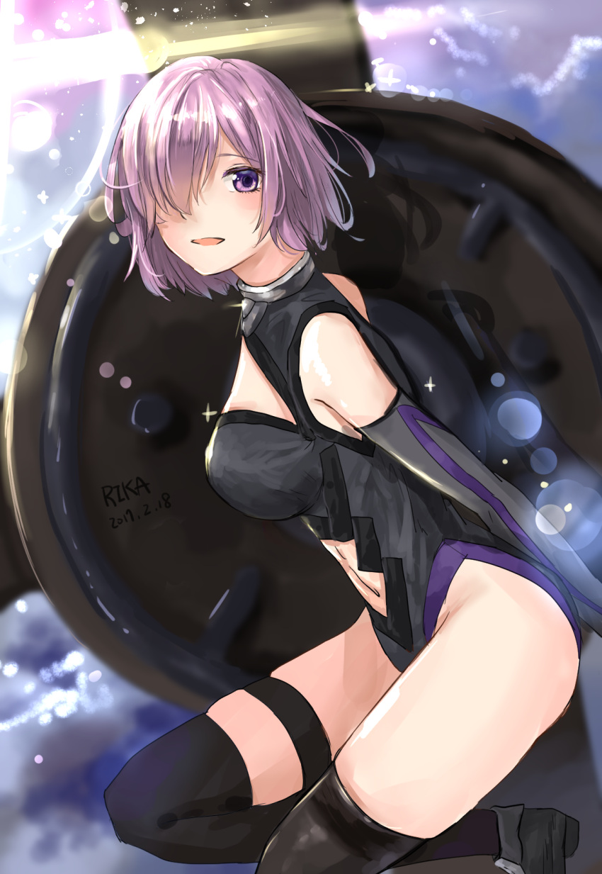 1girl 2017 armor armored_dress artist_request bare_shoulders blush breasts clouds dated elbow_gloves fate/grand_order fate_(series) gloves groin hair_over_one_eye highres lens_flare looking_at_viewer medium_breasts messy_hair purple_hair shield shielder_(fate/grand_order) short_hair sketch skindentation smile solo thigh_strap thighs violet_eyes