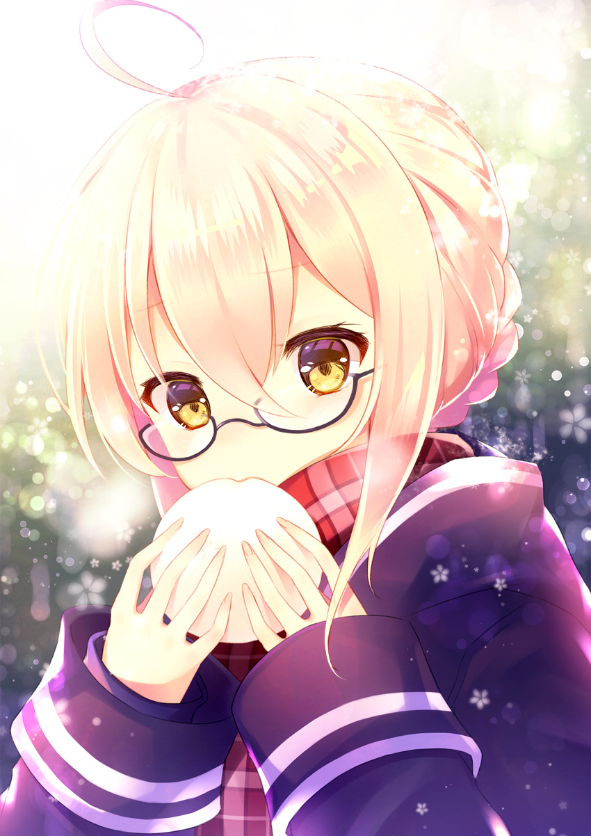 1girl ahoge bangs baozi black-framed_eyewear blonde_hair breath commentary eating eyebrows_visible_through_hair fate/grand_order fate_(series) food glasses hair_between_eyes heroine_x_(alter) highres holding holding_food long_sleeves looking_at_viewer outdoors plaid plaid_scarf red_scarf scarf semi-rimless_glasses short_hair_with_long_locks sidelocks snow solo tougetsu_hajime under-rim_glasses upper_body yellow_eyes