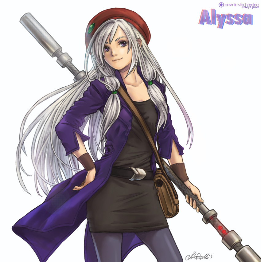 1girl alyssa_l'salle artist_name belt black_dress character_name copyright_name cosmic_star_heroine dice9999 dress hand_on_hip hat highres jacket long_coat long_hair pantyhose satchel signature silver_hair simple_background solo staff violet_eyes weapon white_background