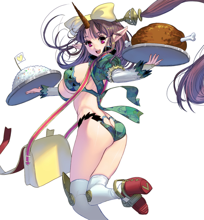 1girl :d ass bag bangs bow breasts brown_hair butt_crack carrying food from_behind green_panties hair_bow heart_cutout highres holding holding_tray horn juliet_sleeves kneehighs large_breasts long_hair long_sleeves looking_at_viewer looking_back masao meat open_mouth original panties pink_eyes pointy_ears puffy_sleeves revealing_clothes rice shoulder_bag sideboob smile solo tray underwear white_bow white_legwear