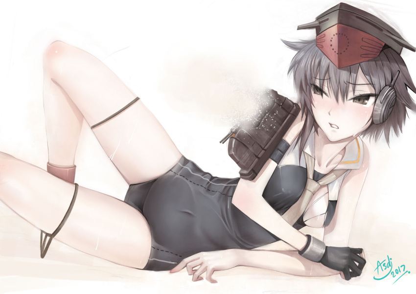 1girl asdj asymmetrical_hair black_hair brown_eyes gloves hair_between_eyes hat headphones i-13_(kantai_collection) kantai_collection looking_at_viewer lying on_side partly_fingerless_gloves sailor_collar school_swimsuit short_hair single_glove solo swimsuit