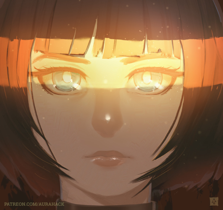 1girl bangs blue_eyes brown_hair collar erica_june_lahaie expressionless face light original shade signature solo watermark web_address