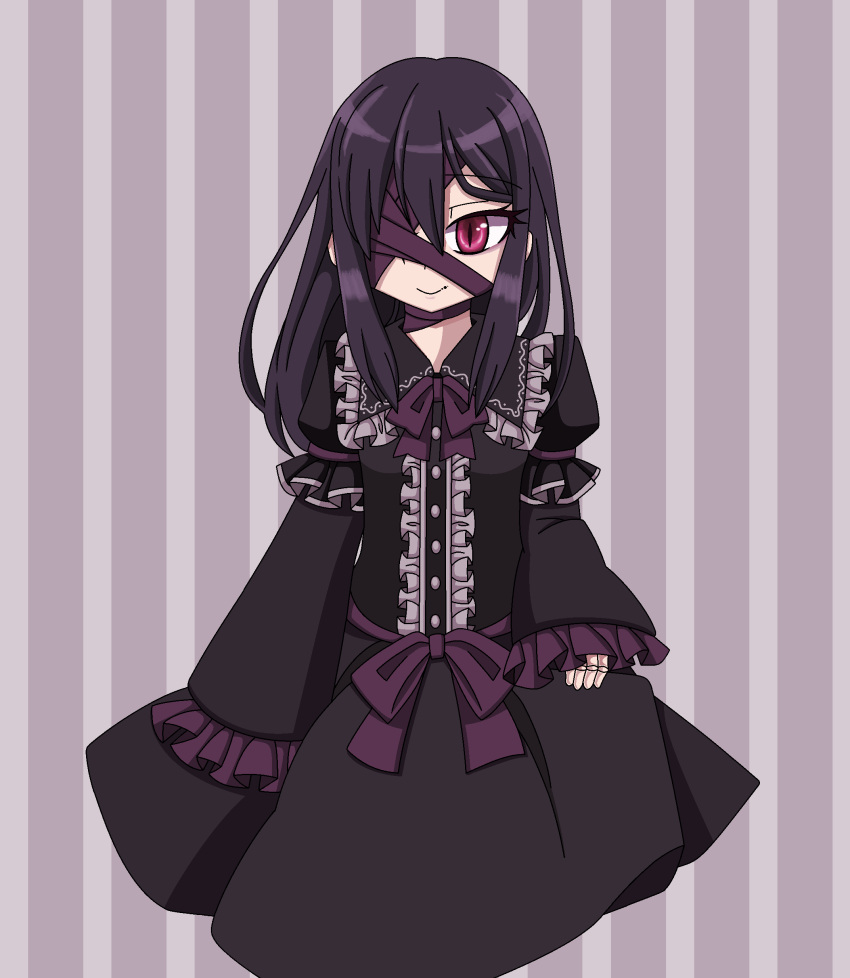 1girl absurdres ageha_(ray-k) asymmetrical_sleeves black_dress black_hair borrowed_character bow doll_joints dress eyepatch frilled_dress frilled_sleeves frills gothic_lolita hair_between_eyes highres houshin_usagi juliet_sleeves lolita_fashion long_hair long_sleeves looking_at_viewer neck_ribbon original puffy_sleeves red_eyes ribbon simple_background sleeves_past_wrists slit_pupils smile solo striped vertical-striped_background vertical_stripes