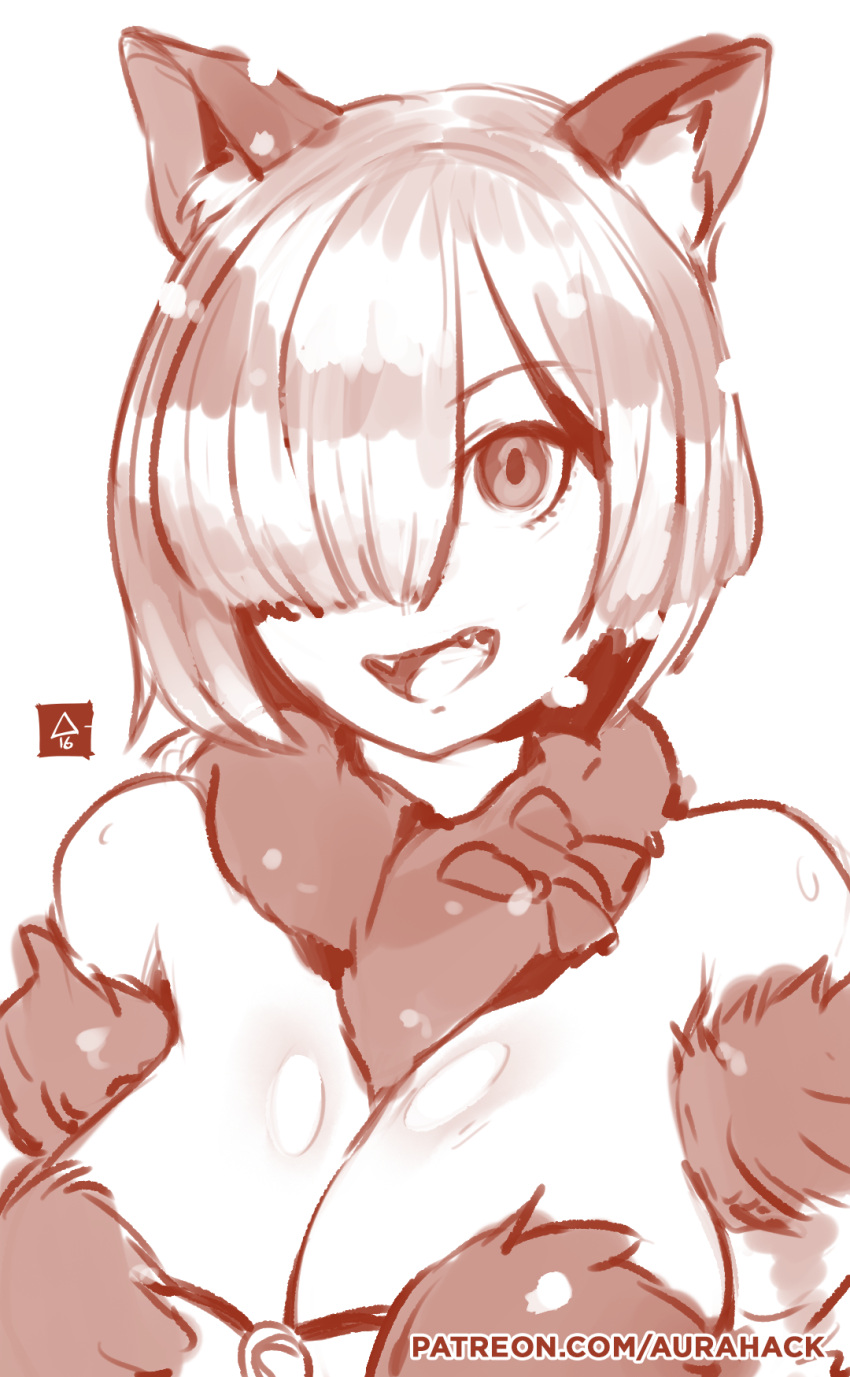 1girl animal_ears breasts cleavage dangerous_beast erica_june_lahaie fangs fate/grand_order fate_(series) fox_ears fur_trim hair_over_one_eye highres kemonomimi_mode large_breasts monochrome open_mouth scarf shielder_(fate/grand_order) shiny shiny_skin signature sketch smile snowing solo upper_body watermark web_address