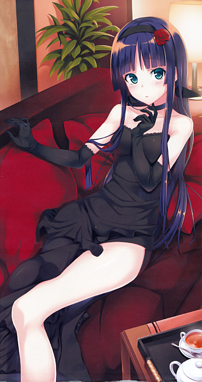 1girl bangs bare_shoulders black_dress black_gloves blue_eyes blue_hair blunt_bangs blush bow choker dress elbow_gloves flower gin_(ginshari) gloves hair_bow hair_flower hair_ornament hairband hand_to_own_mouth highres joshi_mote_na_imouto_to_junan_na_ore long_hair lying mitsurogi_rinze official_art parted_lips scan side_slit sidelocks solo strapless strapless_dress tea tray