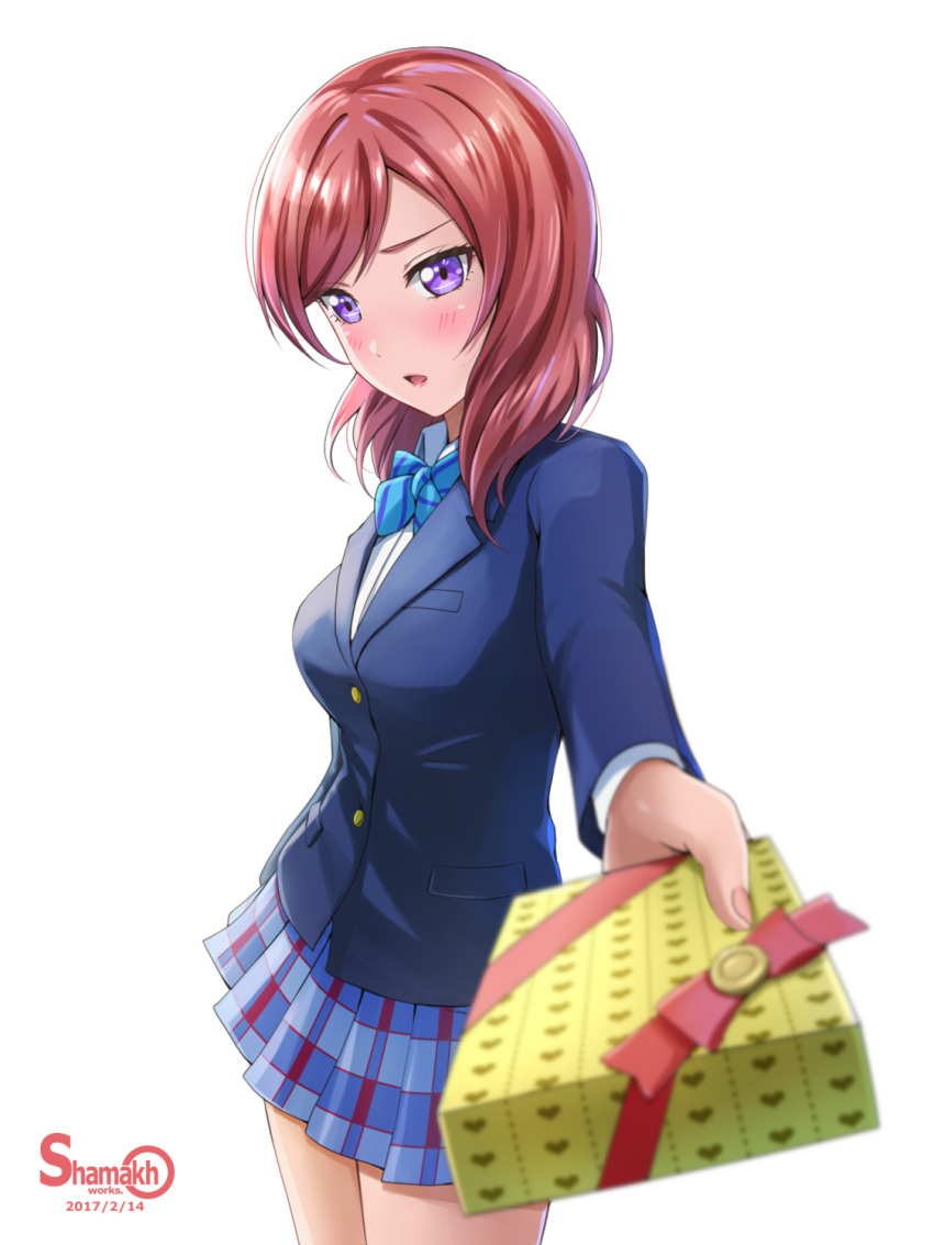 1girl artist_name blazer blurry blush bow breasts depth_of_field foreshortening gift highres holding holding_gift incoming_gift jacket looking_at_viewer love_live! love_live!_school_idol_project medium_breasts nishikino_maki parted_lips redhead school_uniform shamakho short_hair simple_background skirt solo valentine violet_eyes white_background