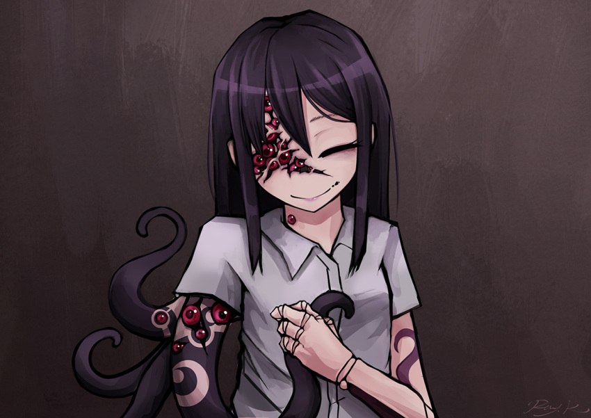 1girl ageha_(ray-k) artist_name black_hair extra_eyes hands_together head_tilt long_hair looking_at_viewer monster_girl multiple_pupils one_eye_closed original ray-k red_eyes shirt sidelocks signature smile solo tentacle upper_body white_shirt