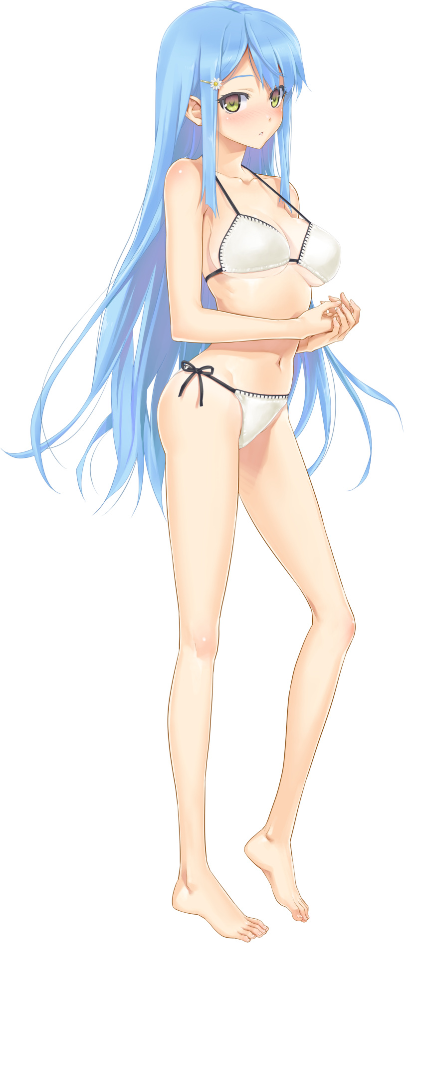 1girl absurdres bare_arms bare_legs barefoot bikini bikini_bottom bishoujo_mangekyou blue_hair blush breasts collarbone feet female full_body green_eyes hair_ornament hairclip halter_top halterneck hands_together happoubi_jin highres large_breasts light_blue_hair long_hair navel official_art parted_lips sawatari_shizuku side-tie_bikini simple_background solo standing swimsuit toes transparent_background