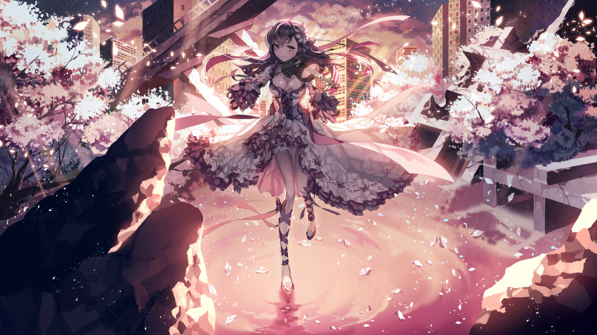 1girl alternate_costume alternate_hairstyle breasts cherry_blossoms cleavage dress fate/stay_night fate_(series) frills gown hair_ornament highres instrument large_breasts long_hair looking_at_viewer matou_sakura music playing_instrument purple_hair ser323 smile solo standing standing_on_liquid violet_eyes violin
