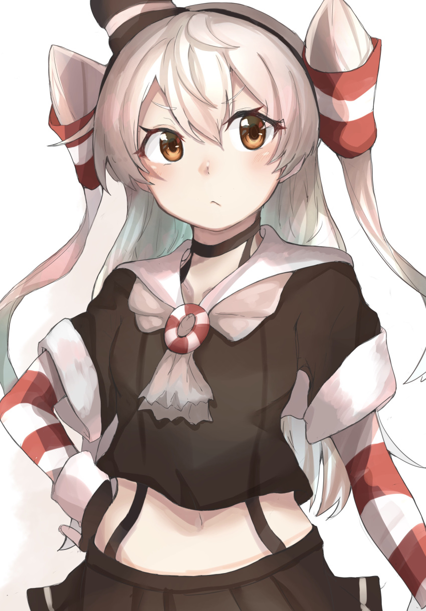 1girl absurdres adapted_costume amatsukaze_(kantai_collection) black_gloves black_skirt brown_eyes fingerless_gloves frown gloves highres kantai_collection long_hair midriff pleated_skirt ranf sailor_collar short_sleeves silver_hair skirt solo two_side_up white_background