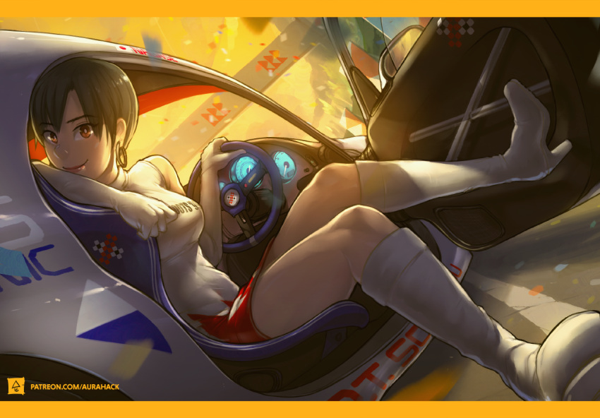 1girl arm_rest bare_shoulders black_hair boots breasts brown_eyes car car_interior confetti covered_navel dutch_angle earrings elbow_gloves erica_june_lahaie gloves ground_vehicle high_heel_boots high_heels jewelry letterboxed medium_breasts miniskirt motion_blur motor_vehicle nagase_reiko namco red_skirt ridge_racer short_hair signature sitting skirt smile solo watermark web_address white_boots white_gloves