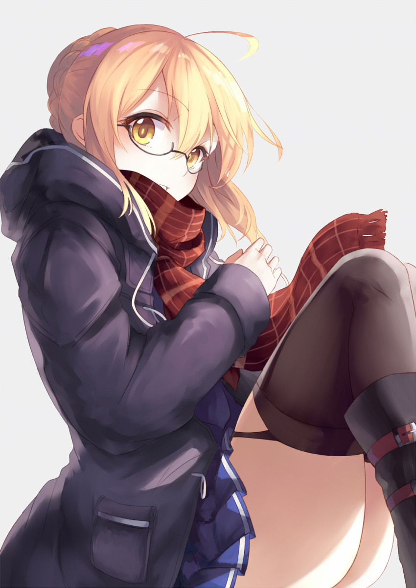 1girl ahoge blonde_hair boots fate/grand_order fate_(series) glasses grey_background heroine_x heroine_x_(alter) high_boots highres jacket jazztaki looking_at_viewer open_mouth saber scarf semi-rimless_glasses sitting skirt solo thigh-highs thighs under-rim_glasses yellow_eyes