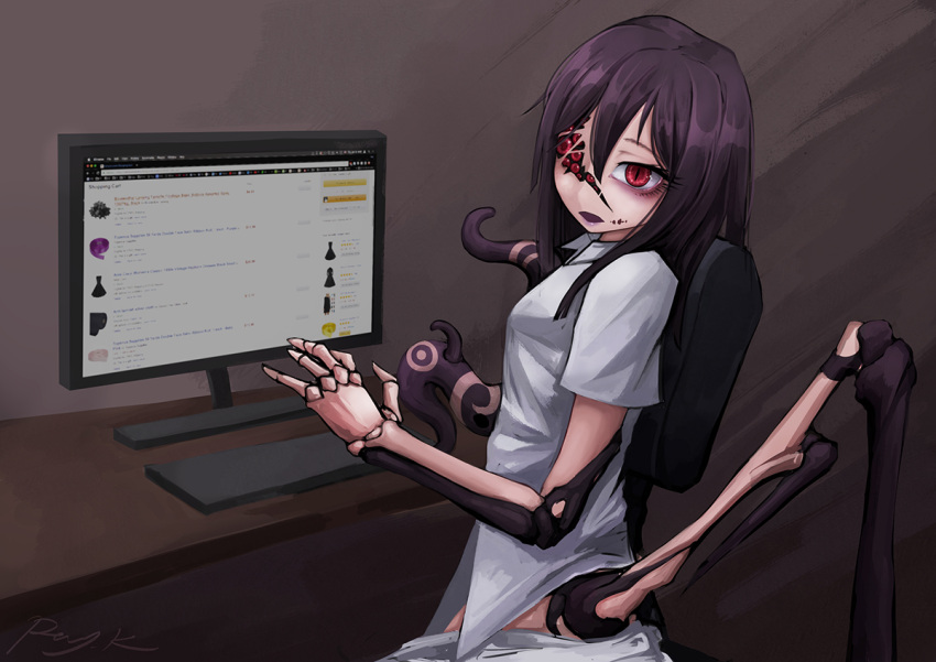 1girl ageha_(ray-k) amazon_(company) artist_name black_hair hair_between_eyes long_hair looking_at_viewer monitor monster_girl multiple_pupils open_mouth original ray-k red_eyes shirt sidelocks signature slit_pupils solo table tentacle white_shirt