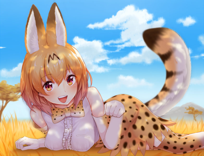 1girl animal_ears animal_print bangs blonde_hair blue_sky blush breast_pocket breasts brown_dress brown_gloves cat_ears cat_tail clouds cloudy_sky day dress elbow_gloves eyebrows_visible_through_hair frills gloves grass hair_between_eyes kemono_friends looking_at_viewer lying medium_breasts on_stomach open_mouth outdoors paw_pose pocket savannah serval_(kemono_friends) serval_ears serval_tail shade short_dress sky smile solo sukemyon tail teeth thigh-highs white_gloves yellow_eyes