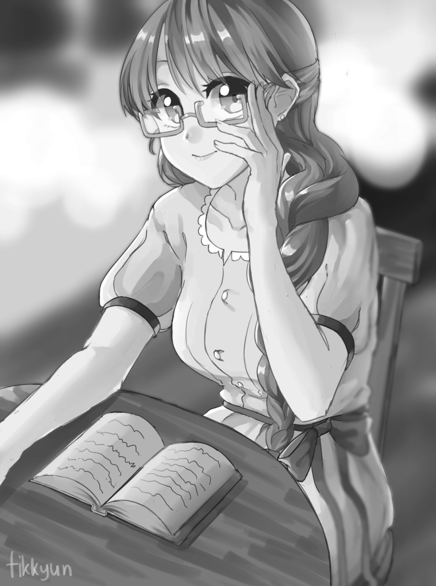 1girl adjusting_glasses artist_name blurry book borrowed_character braid chair depth_of_field dress fikkyun glasses greyscale highres long_hair monochrome original puffy_short_sleeves puffy_sleeves semi-rimless_glasses short_sleeves single_braid sitting smile solo table under-rim_glasses