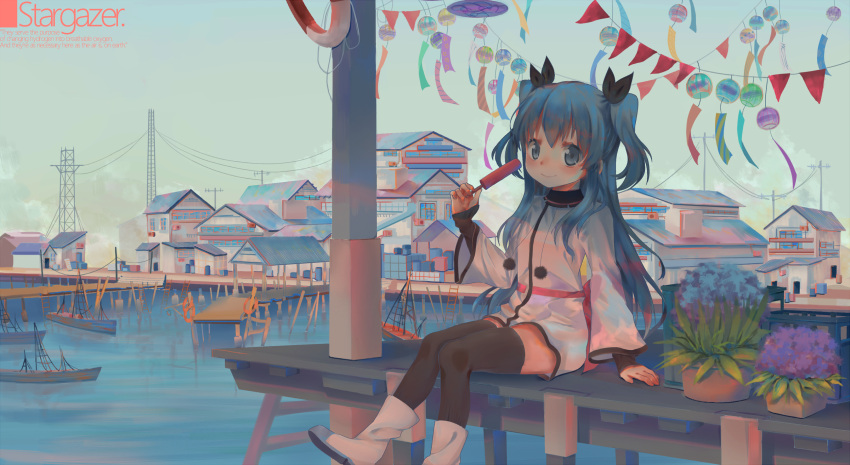 1girl air_conditioner black_legwear black_ribbon blue_eyes blue_hair boat boots bow colorful crate dress flag flower flower_pot food hair_ribbon harbor highres holding house ladder landscape lifebuoy long_hair long_sleeves looking_at_viewer noel_(sora_no_method) ocean outdoors pier pink_bow pink_ribbon pom_pom_(clothes) popsicle ribbon short_dress short_twintails sitting smile sora_no_method telephone_pole text thigh-highs town twintails two_side_up utility_pole warehouse watercraft white_boots white_dress wind_chime xisheng zettai_ryouiki