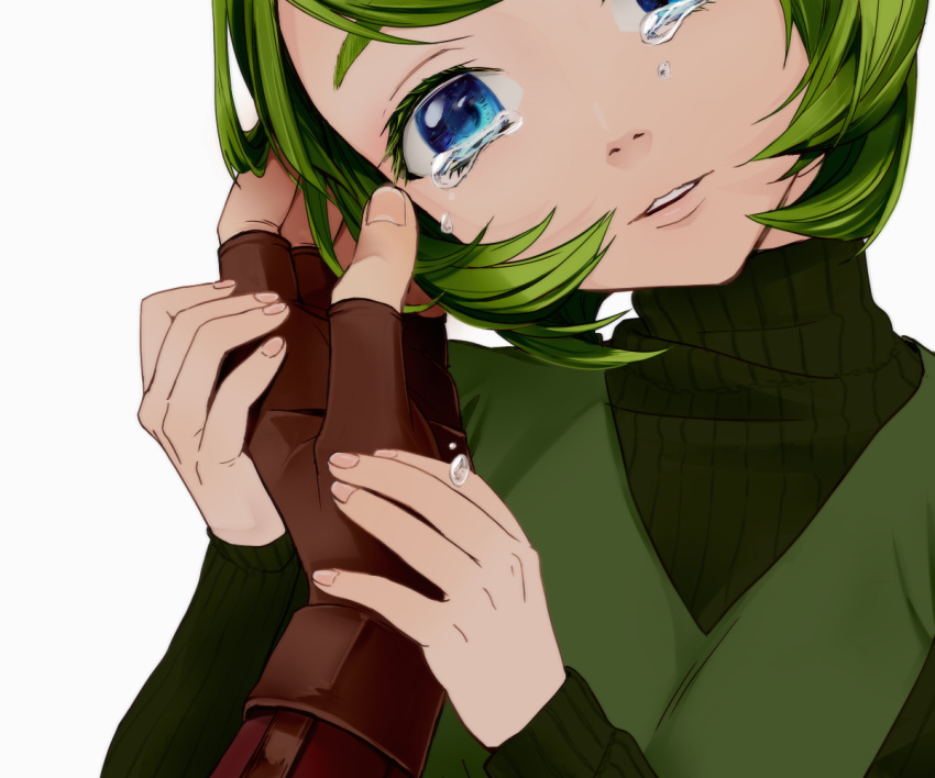 1girl blue_eyes colored_eyelashes face gloves green_hair hair_intakes hand_holding head_tilt looking_at_viewer otton parted_lips pointy_ears pov ribbed_sweater saria short_hair simple_background solo_focus sweater tears the_legend_of_zelda the_legend_of_zelda:_ocarina_of_time turtleneck turtleneck_sweater white_background