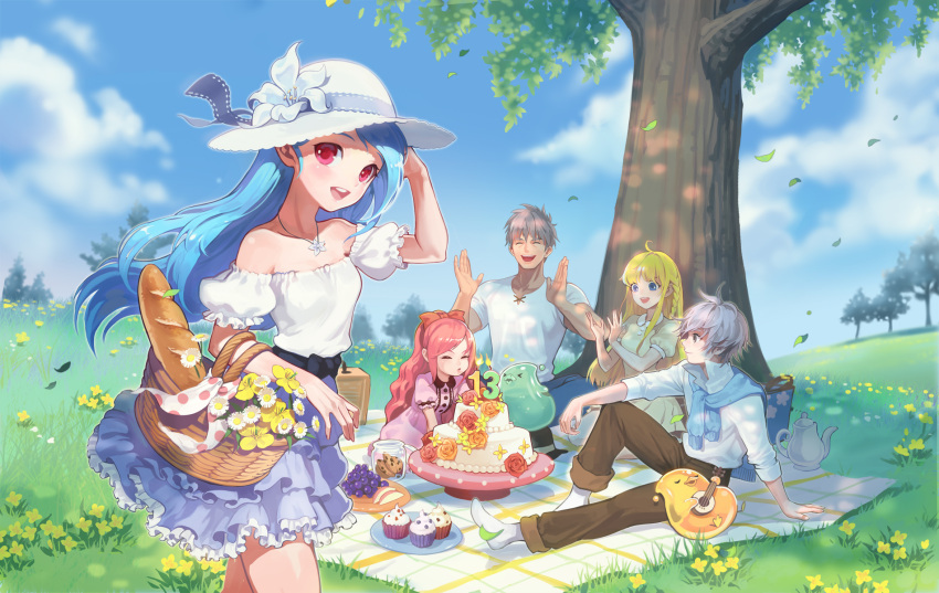 2boys 3girls :d ahoge anais_del_caril baguette bare_shoulders basket benya_(tales_weaver) bird blonde_hair blowing blue_eyes blue_hair blue_sky bow bread brown_pants candle character_request closed_eyes clouds cookie cupcake day flower food fruit grapes grass grey_hair hair_bow hat hat_flower hat_ribbon highres instrument jewelry joshua_von_arnim lute_(instrument) multiple_boys multiple_girls necklace open_mouth outdoors pants picnic pink_eyes pink_hair red_bow ribbon sang_ah_yoon shirt silver_hair sitting sky smile t-shirt tales_weaver teapot tichiel_juspian tree
