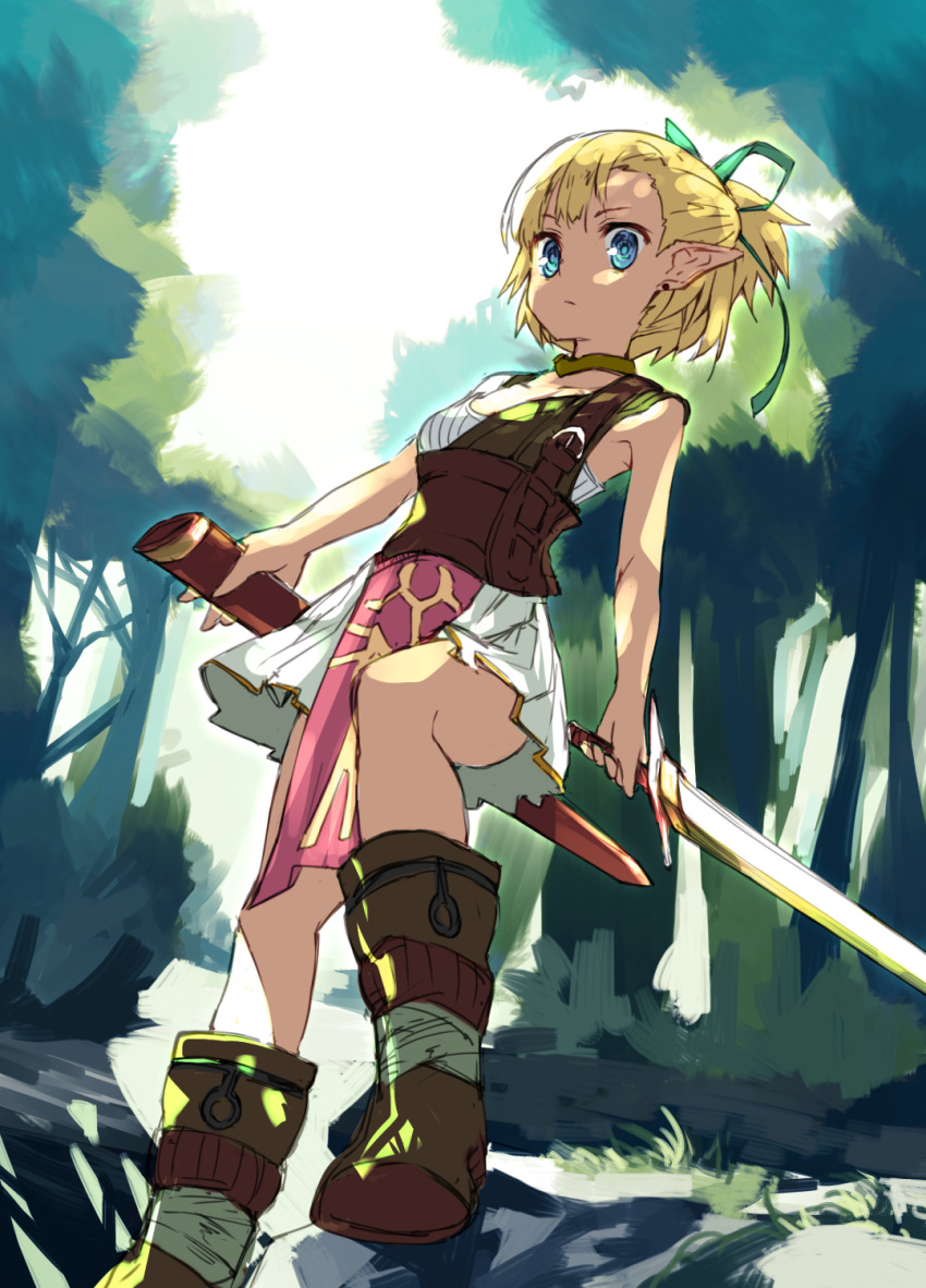 1girl bare_arms bare_shoulders blonde_hair blue_eyes boots brown_boots buckle choker closed_mouth collarbone dappled_sunlight day earrings elf expressionless forest green_choker green_ribbon hair_ribbon highres holding holding_sword holding_weapon jewelry knee_boots loincloth looking_at_viewer nature no_socks nuqura original outdoors pointy_ears ponytail ribbon rock sheath short_hair skirt standing stud_earrings sunlight sword tareme unsheathed weapon white_skirt
