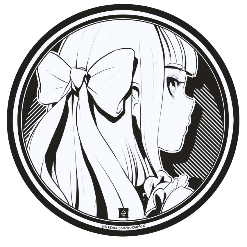 1girl bangs erica_june_lahaie from_behind hair_ribbon highres looking_back monochrome original ribbon signature solo transparent_background watermark web_address