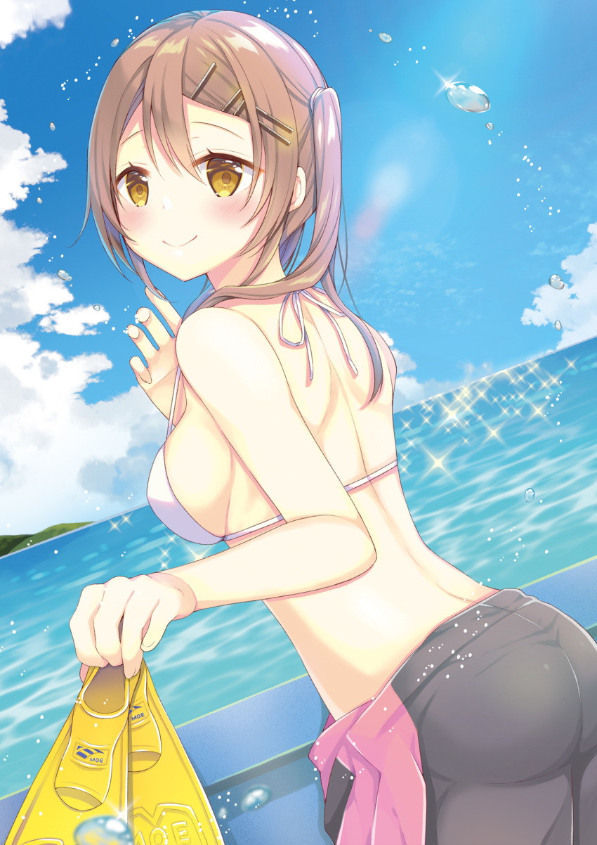 1girl blue_sky blush breasts brown_hair closed_mouth clouds cloudy_sky day dutch_angle flippers from_behind hair_between_eyes hair_ornament hairclip halter_top halterneck highres horizon long_hair looking_at_viewer looking_back medium_breasts moe2017 ocean original outdoors partially_undressed shoulder_blades side_ponytail sideboob sidelocks sky smile solo ueno_tomo water_drop wetsuit white_bikini_top yellow_eyes