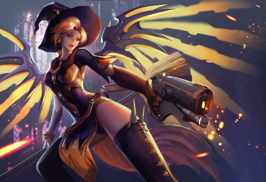 1girl aiming_at_viewer alternate_costume broom gun hat mechanical_wings mercy_(overwatch) open_mouth overwatch pelvic_curtain smile solo thigh-highs weapon wings witch_hat witch_mercy yang_fan