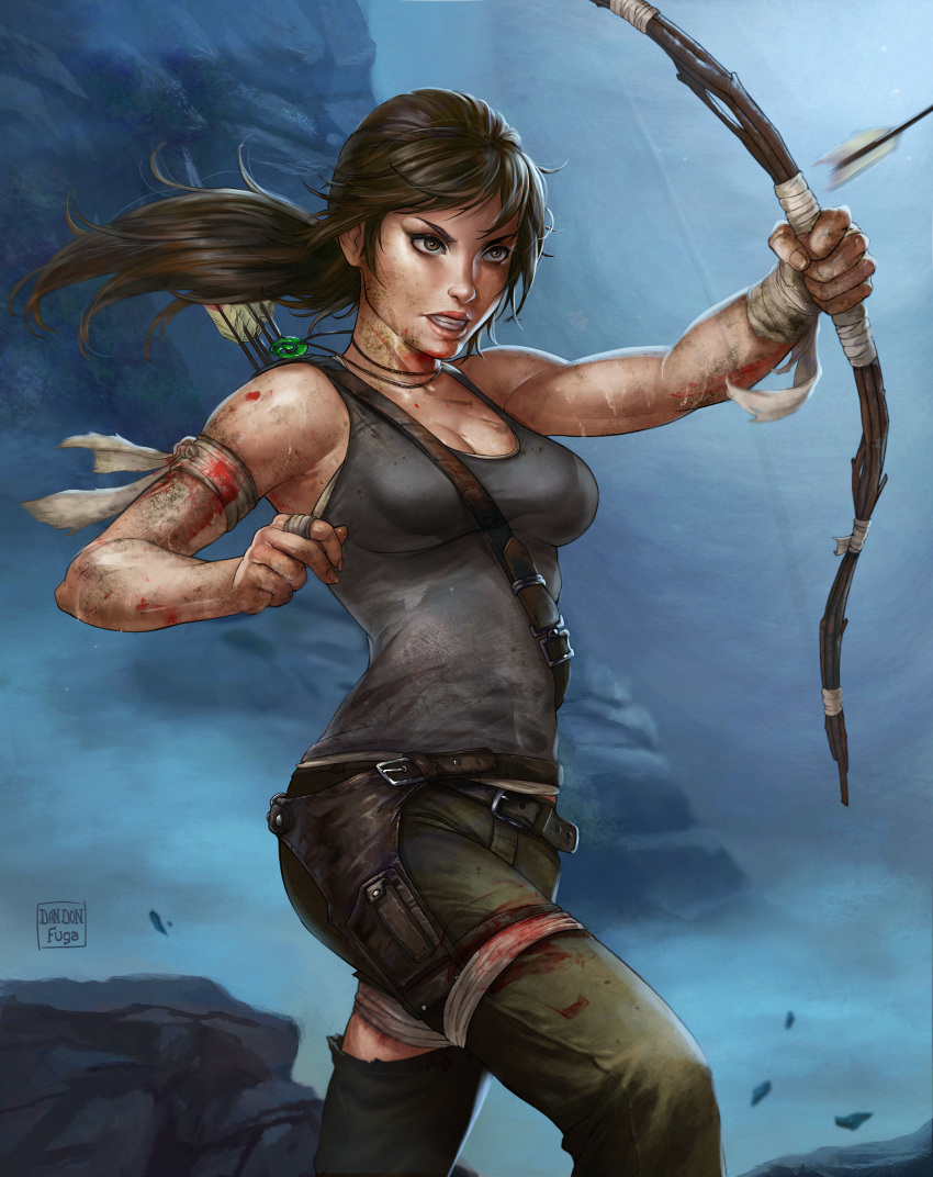 1girl absurdres artist_name bandage bandaged_arm bare_shoulders belt blood bow_(weapon) brown_eyes brown_hair commentary dandon_fuga highres huge_filesize lara_croft lips ponytail realistic solo tank_top tomb_raider tomb_raider_(reboot) torn_clothes weapon