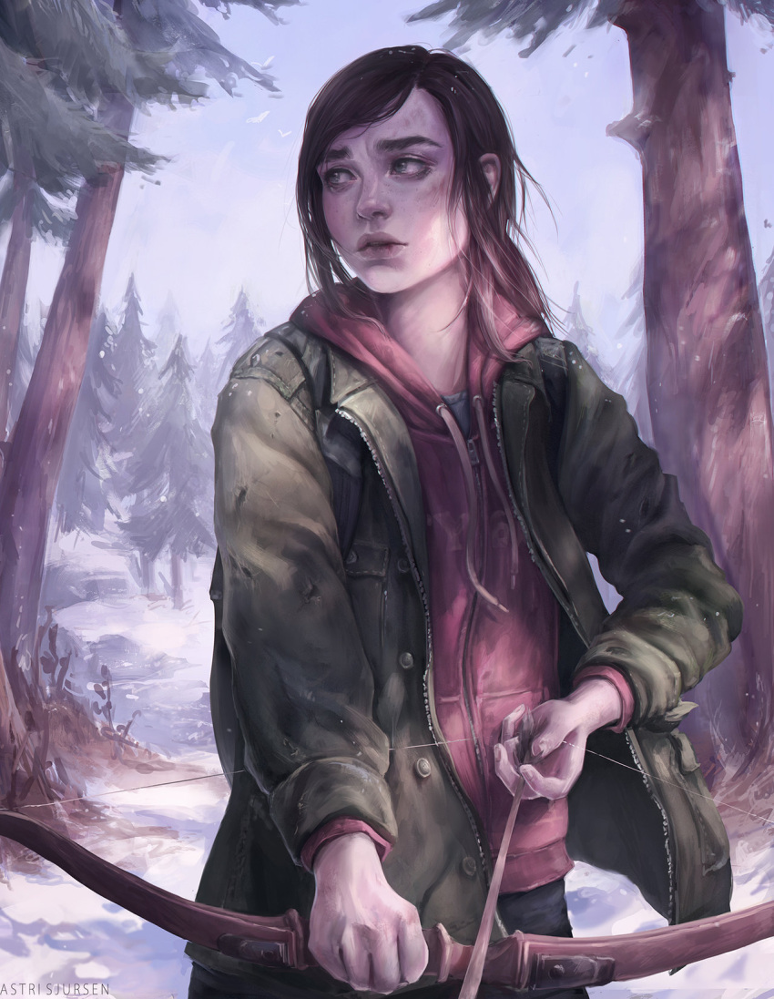 1girl arrow artist_name astri_lohne_sjursen bags_under_eyes bangs bird bow_(weapon) brown_hair clothes_writing coat day drawing_bow ellie_(the_last_of_us) forest green_eyes highres holding holding_weapon hood hoodie long_hair long_sleeves nature open_clothes open_coat outdoors parted_lips realistic snow solo swept_bangs the_last_of_us tree weapon