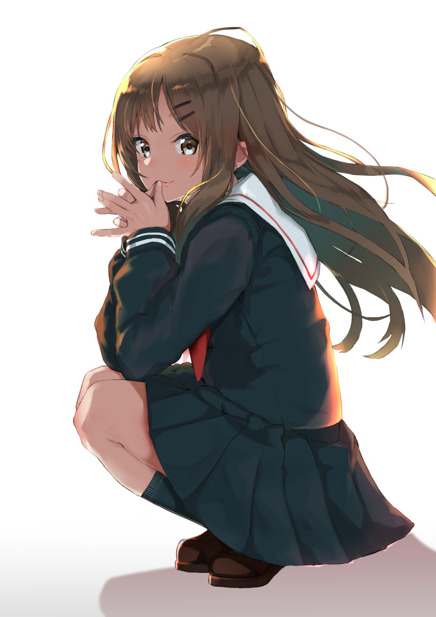 1girl absurdres black_legwear blush brown_eyes brown_hair commentary_request hair_ornament hairclip hands_clasped hands_together highres kneehighs loafers long_hair long_sleeves looking_at_viewer mugcup original pleated_skirt school_uniform serafuku shoes simple_background skirt smile solo squatting white_background