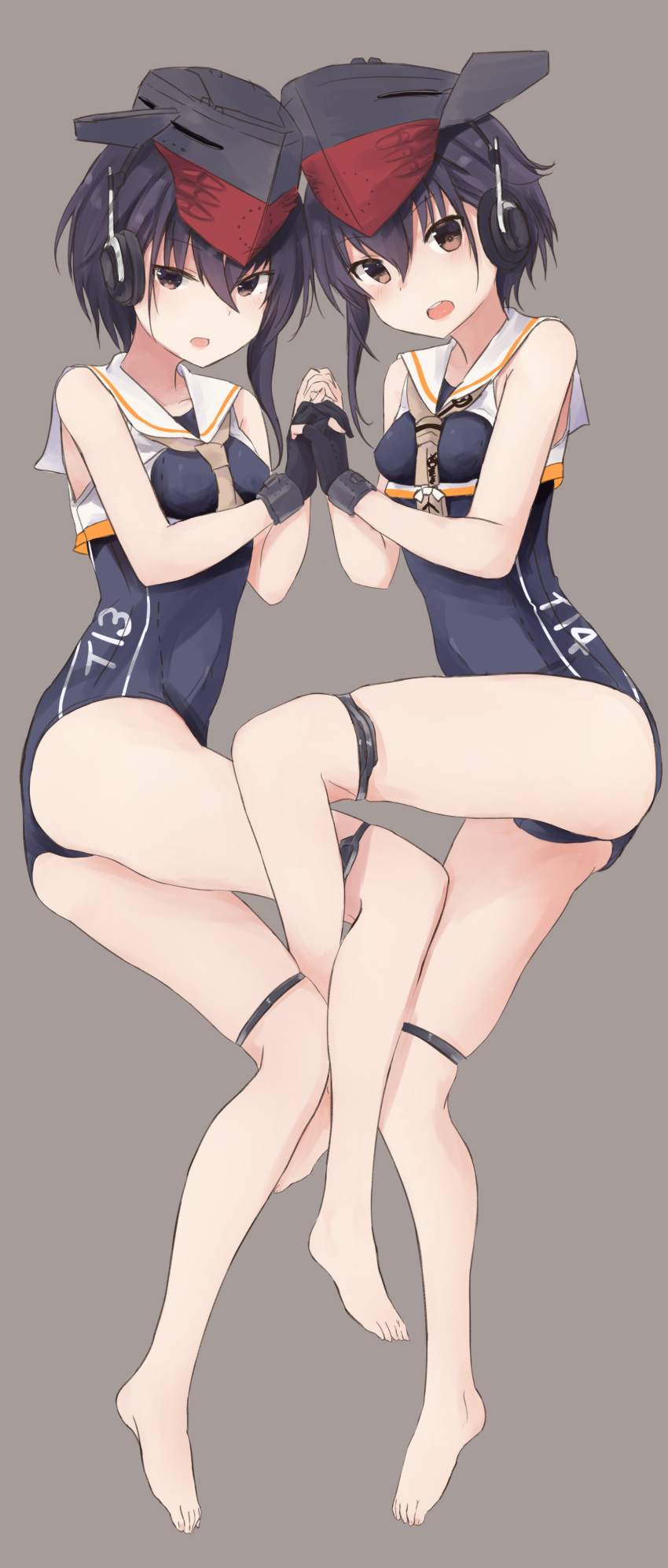 2girls absurdres ass asymmetrical_hair bangs barefoot black_hair breasts brown_eyes clothes_writing crop_top framed_breasts full_body gloves grey_background hair_between_eyes hand_holding hat head_to_head headphones highres i-13_(kantai_collection) i-14_(kantai_collection) interlocked_fingers kantai_collection looking_at_viewer medium_breasts multiple_girls number one-piece_swimsuit one_leg_raised open_mouth partly_fingerless_gloves round_teeth sailor_collar school_swimsuit short_hair siblings sidelocks simple_background sisters swimsuit teeth twins yuki_(yukin0128)