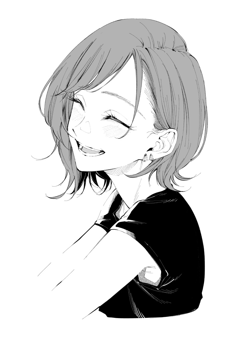 1girl absurdres bangs blush closed_eyes commentary_request cropped_torso earrings greyscale highres jewelry monochrome open_mouth original shirt short_hair short_sleeves simple_background smile solo stud_earrings swept_bangs t-shirt teeth upper_body vice_(kuronekohadokoheiku)