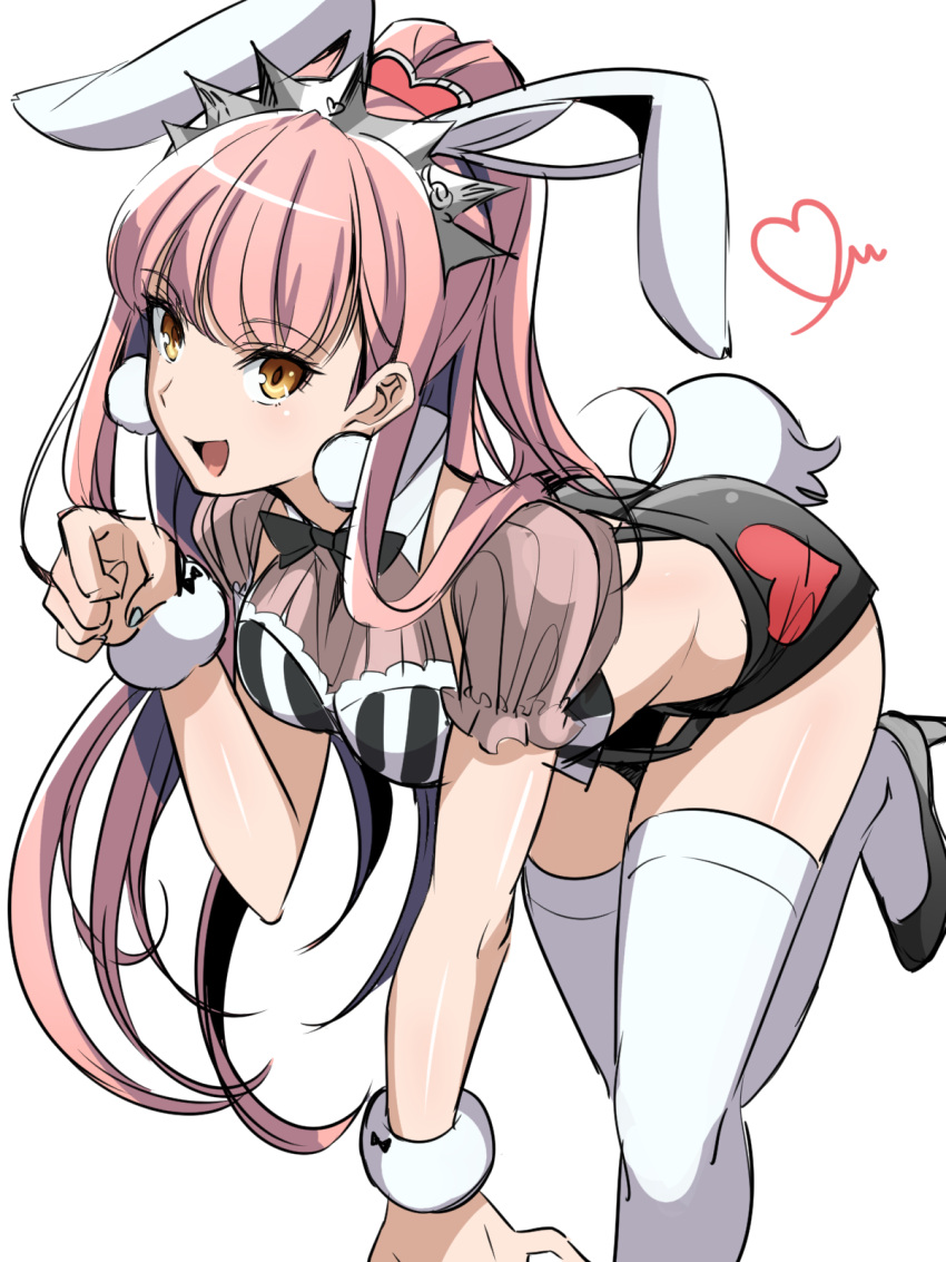 1girl :d animal_ears ass breasts brown_eyes bunny_tail crown fate/grand_order fate_(series) high_heels highres long_hair looking_at_viewer medb_(fate/grand_order) midriff open_mouth pink_hair ponytail rabbit_ears shimo_(s_kaminaka) simple_background smile solo tail thigh-highs white_background white_legwear